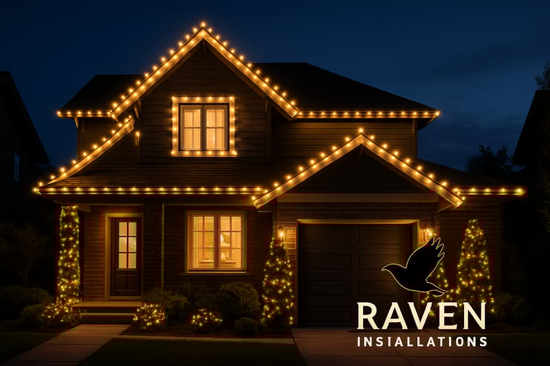 A beautifully lit home and business exterior showcasing Raven Installations' holiday light design. A beautifully lit home and business exterior showcasing Raven Installations' holiday light design.
